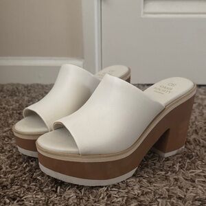 Society Cream White Platform Slide Mules with Tan Stacked Heel